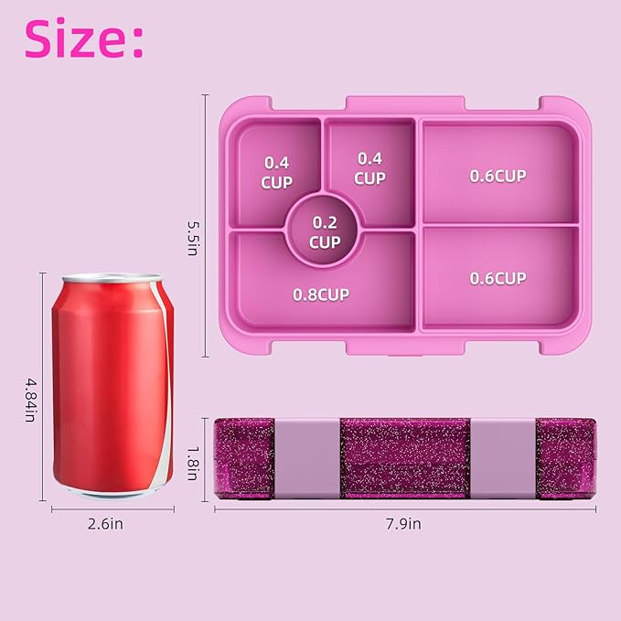 Bento Lunch Box for Kids, 6 Compartments BPA Free, Dishwasher Safe Back to School Snack Bento Lunch Containers Boxes, Ideal Portion Sizes for On-the-Go Meal, Shiny Rose