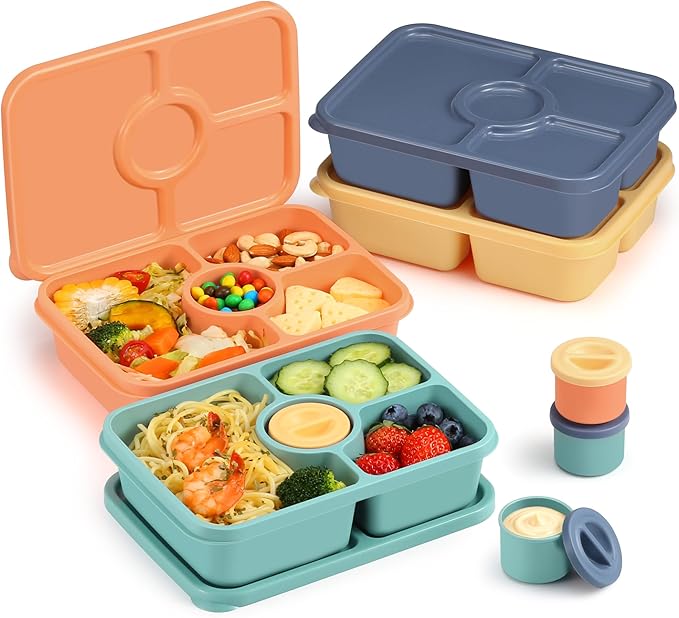 Bento Snack Box Containers, Reusable Meal Prep Lunch Containers for Adults Kids, Stackable Bento Snack Box 4 Pack, Divided Lunchable Food Storage Containers with Sauce Container, Orange Yellow