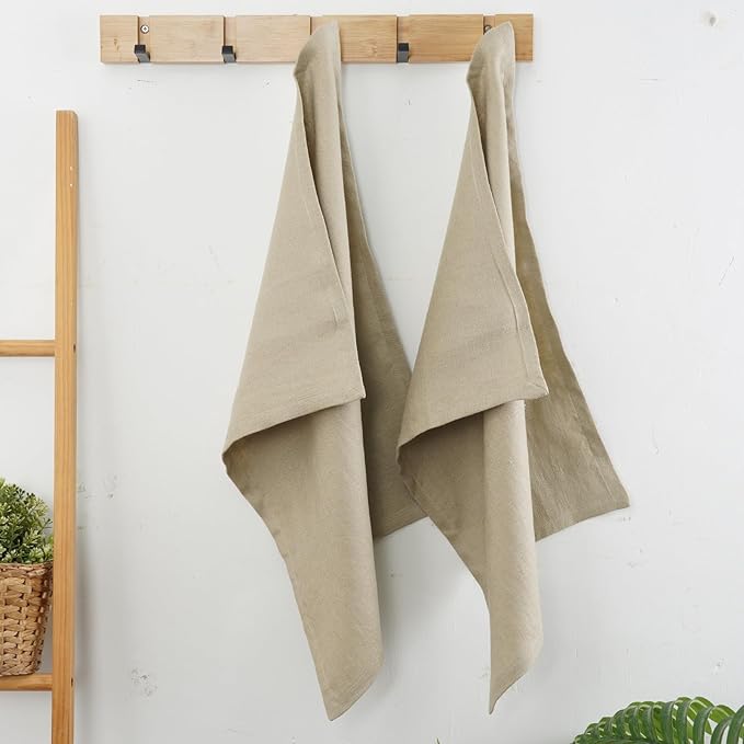 Linen Thick Kitchen Towels Set of 2-100% Linen Dish Towels with Hanging Loops, Super Soft Quick Dry Tea Towels Stonewashed and Handcrafted 17.7 x 23.6 Inch,Dark Apricot