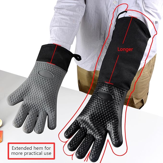 1 Pair Extra Long Professional Oven Mitts, Non-Slip Silicone Grip Heat Resistant,19.7" Length,Up to 572℉ for BBQ Cooking Baking Grilling (Black)