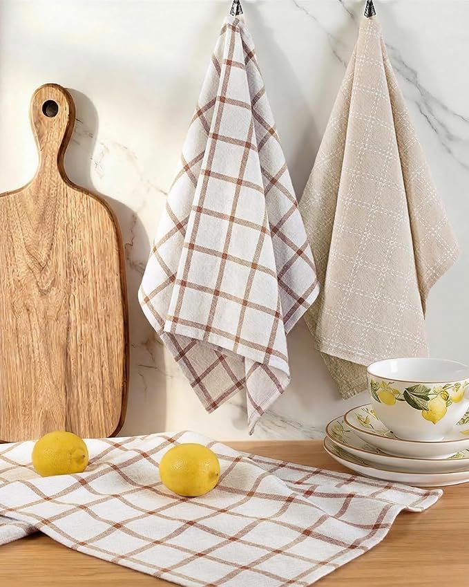 Miss Adola Neutral Flour Sack Kitchen Towels - 3 Pack 18"x 26" Cotton Farmhouse Fast Drying Decorative Hand Tea Towel Dishcloth with Hanging Loop for Home Decor Housewarming Gift, Checkered