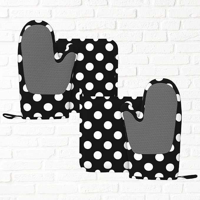 Black White Retro Polka Dot Oven Mitts and Pot Holders Sets of 4, Heat Resistant Silicone Oven Mittens and Potholders Gloves Hot Pads for Kitchen Cooking Baking Grilling BBQ Chef