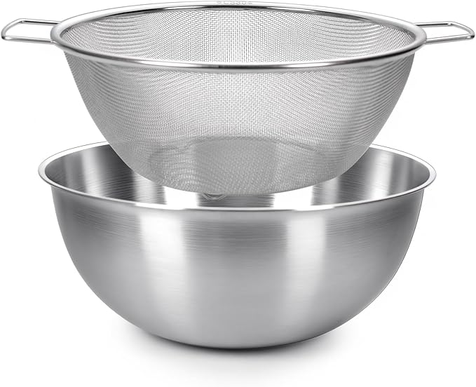 Stainless Steel Mixing Bowl and Colander Set, Multipurpose Kitchen Basket with Fine Mesh Colander, Salad Mixing Bowl with Strainer,3.5 Qt Large Capacity For Rice Fruit Vegetable (Stainless Steel)