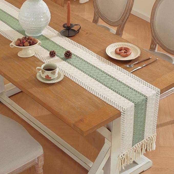 Niviy Sage Green Table Runner 72 Inches Long with Tassels, Seasonal Spring Summer Washable Embroidered Striped Braided Green and Beige Boho Table Runners for Holiday Party 12 x 72 Inches