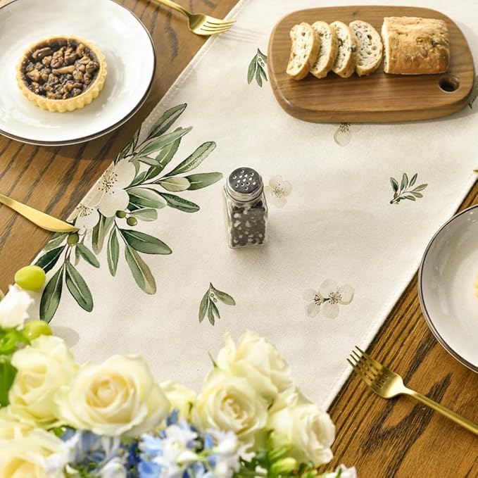 Artoid Mode Cross Olive Leaves Spring Table Runner,Seasonal Summer Easter Kitchen Dining Table Decoration for Home Party Decor 13x108 Inch