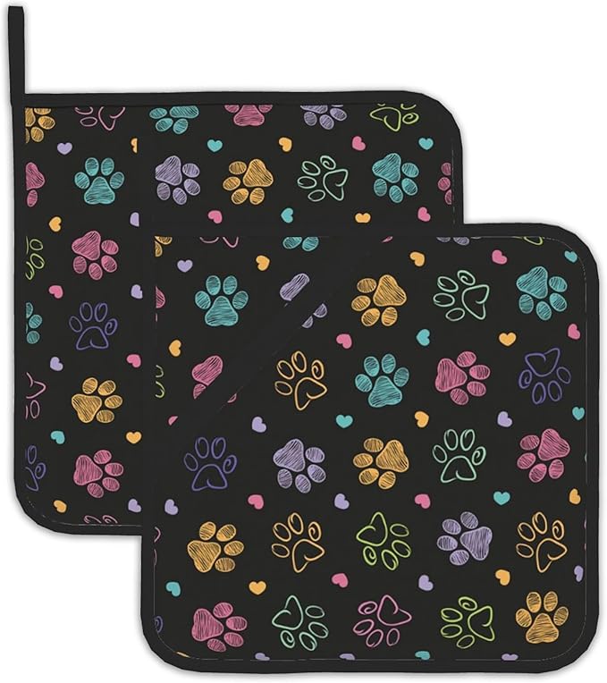 Doodle Paw Print Pot Holder Set of 2,Kitchen Heat Resistant Potholder for Women Men BBQ Cooking Baking