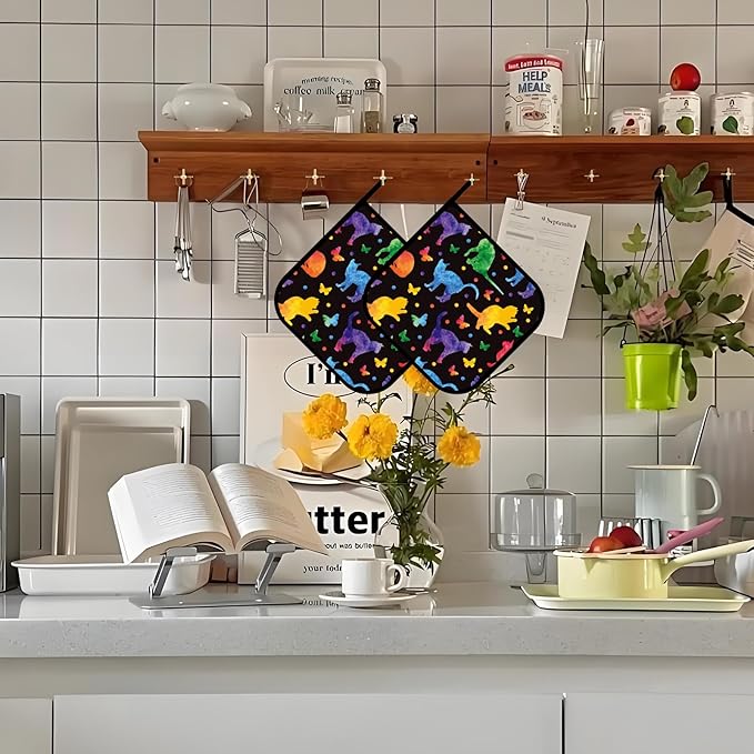 Colorful Cat Silhouette Pot Holders 2 PCS,Kitchen Heat Resistant Hot Pads for Cooking Grilling Baking BBQ, Pot Holders for Women Cook Home Microwave
