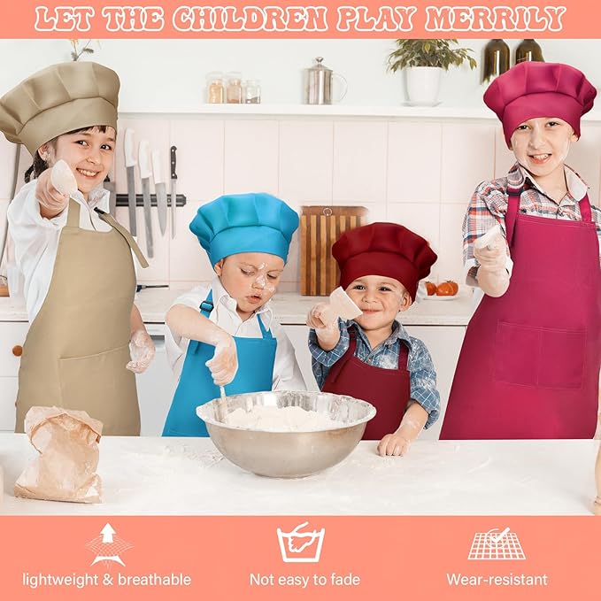 Handepo 40 Pcs Apron Chef Hat Set Aprons Chef 's Bib Apron Hats Bulk for Cooking Painting 7-13 Years