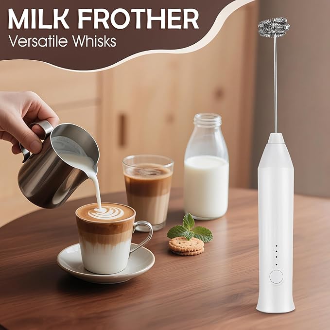 Milk Frother Handheld Rechargeable, Frother Wand Drink Mixer Electric Whisk for Coffee, Detachable With 2 Stainless Whisks, Hand Mixer for Lattes, Matcha, Egg(White)