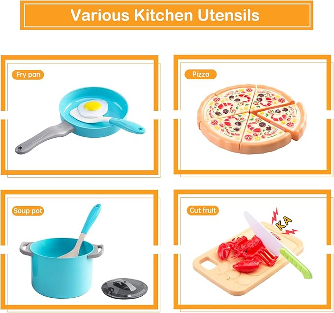 80Pcs Kitchen Playset, Toddler Pretend Cooking with Pots, Pans, Cookware, Food, Picnic Blanket, Fruits, Veges, Shopping Storage Basket, Dessert , Learning Gift for Girls Boys (Turquoise)