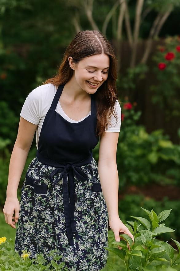 Cute Floral Aprons for Women with Pockets,Cotton Adjustable Neck Strap Apron for Kitchen Cooking Baking Gardening