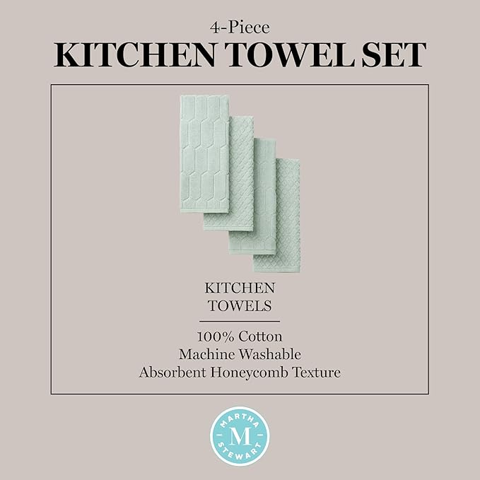 Martha Stewart Honeycomb Chambray Textured Kitchen Towel 4-Pack Set, 100% Cotton with Absorbent Terrycloth, Decorative Kitchen Towels, Mint Green, 16"x28"