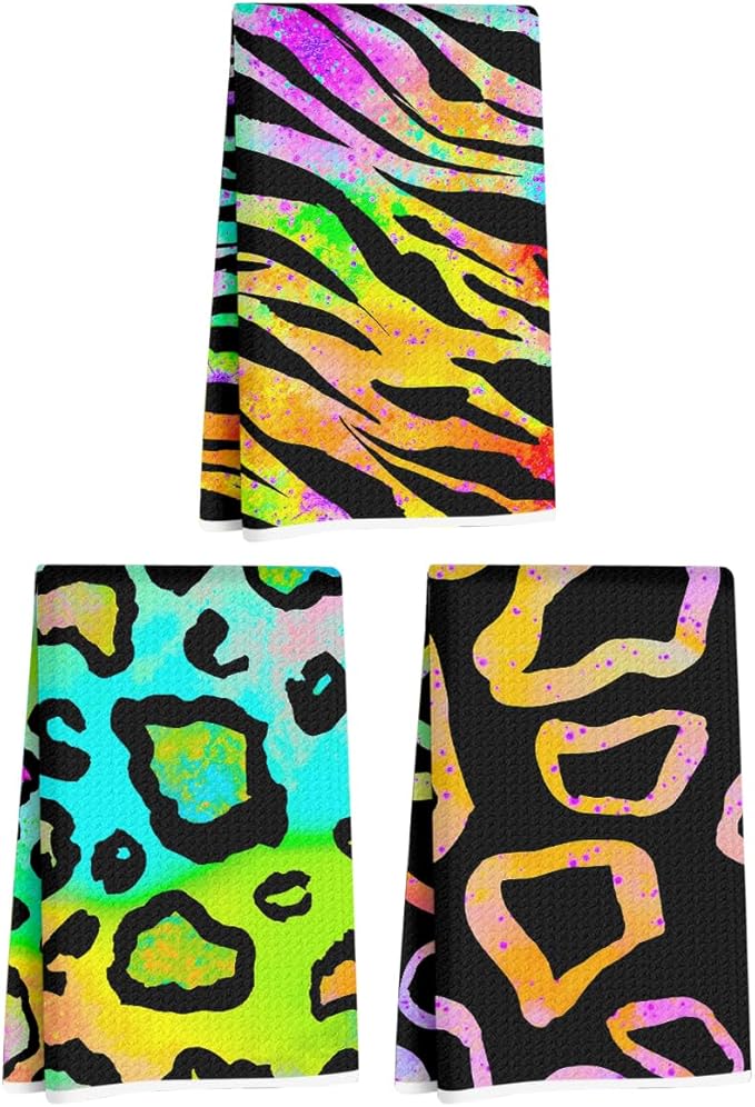 3 Pcs Colorful Zebra Print Kitchen Towels, Trendy Decorative Absorbent Microfiber Dish Cloth Tea Towel, Waffle Soft Hand Towels for Farmhouse Home Bathroom