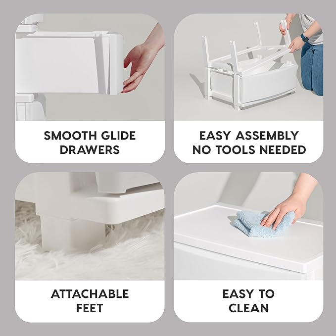 IRIS USA Plastic Drawer Storage Organizer, 4-Drawers, for Classroom Art Supplies Bathroom Dorm Bedroom Laundry Room, Wide, White Frame with Matte White Front Panels
