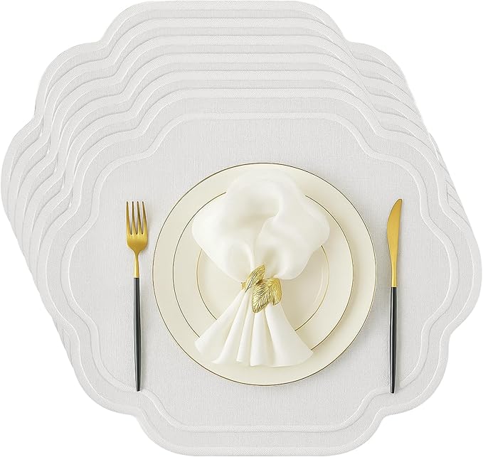 Breling 6 Pcs Wedding Placemats Scalloped Embroidered Cotton Linen Placemats 17" x 13" Double Layered Machine Washable Table Place Mat for Party Table Decor (White)