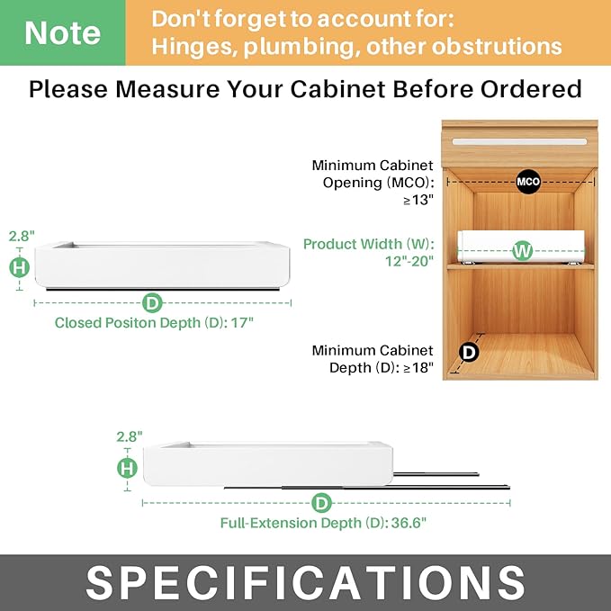 Pull out Cabinet Organizer, Expandable(12"-20") Heavy Duty Slide out Drawers Fixed with Adhesive Nano Film for Pots, Roll out Shelf Storage for Kitchen Base Cabinet, Pantry, Bathroom(2-Pack)