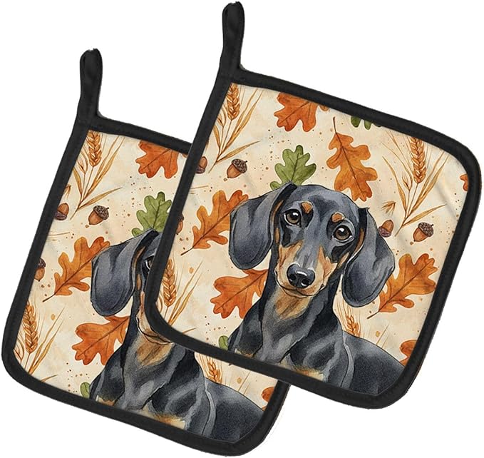 Caroline's Treasures Black and Tan Dachshund Heirloom Fall Pair of Pot Holders Pair 7.5x7.5 Quilted Insulated Hot Pads Decorative Kitchen Gift Made in USA
