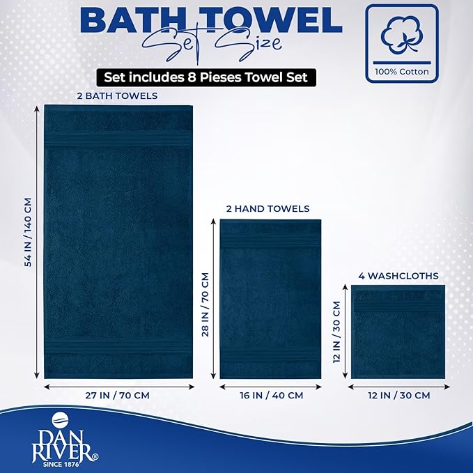 DAN RIVER 8 PC Luxury Bath Towels for Bathroom, 2 Bath, 2 Hand, and 4 Wash Cloths, 600 GSM 100% Ring Spun Cotton Towel Set, Highly Absorbent, Gym, Hotel, and Spa, Blue Opal