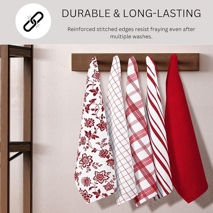 Assorted Kitchen Towels 100% Cotton 16x26 Inch - Super Absorbent, Soft & Quick Drying, Multi-Purpose for Drying & Cleaning, Ideal for Kitchen & Home Use, Set of 5 Low-Lint Dish Towels Red