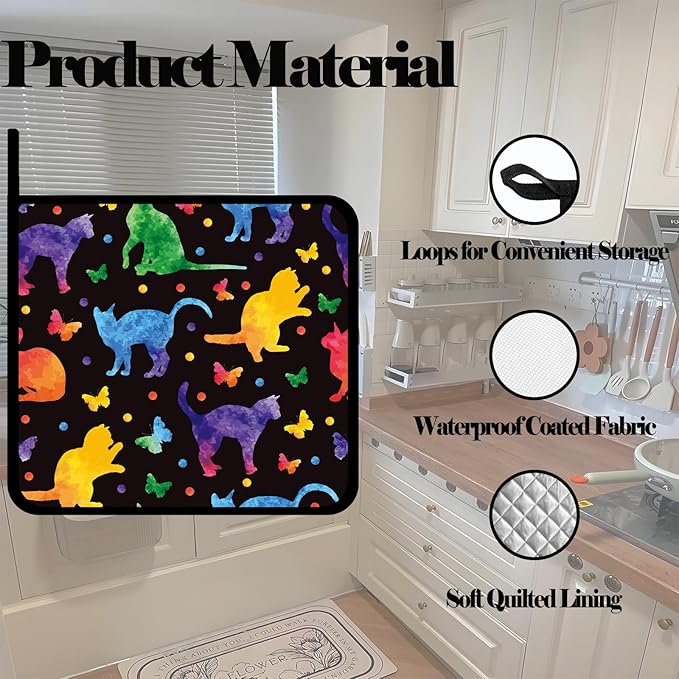 Colorful Cat Silhouette Pot Holders 2 PCS,Kitchen Heat Resistant Hot Pads for Cooking Grilling Baking BBQ, Pot Holders for Women Cook Home Microwave