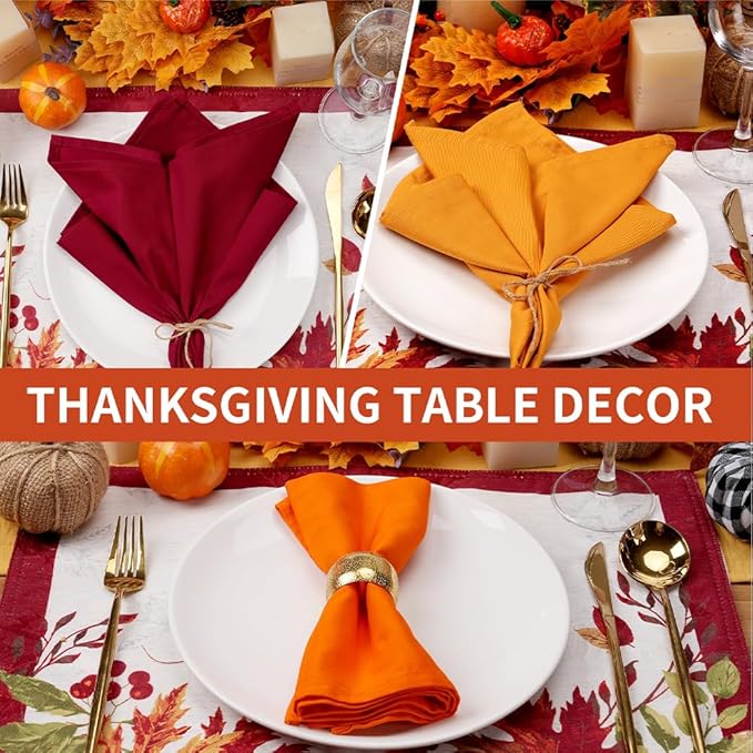 Fall Cloth Napkins,100% Cotton Dinner Napkins Set of 6.Thanksgiving Decorations Gifts for Table Decor. Washable Reusable Thick. 2 Burgundy red,2 Orange,2 Harvest Gold.18by18(Tricolor)