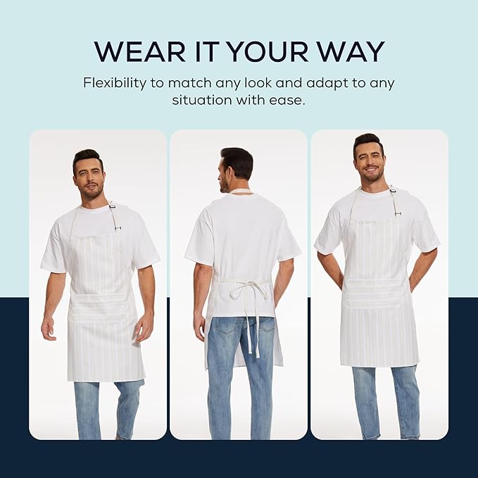 Will Well Kitchen Apron for Men and Women - 33" x 27" Oil-and-Water-Resistant with Adjustable Neck Strap and 38" Waist Ties for a Snug Fit, Lightweight with 2 Front Pockets - 6-Pack, White Stripe