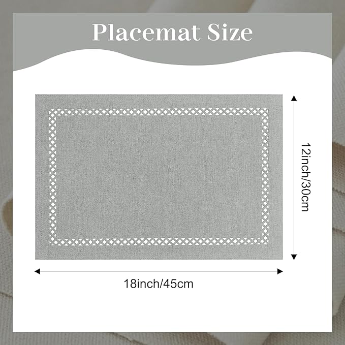 Linen Cloth Placemats Set of 4, HADEEONG 12 x 18 Inch Hollow Edge Place Mats Washable Heat Resistant Placemats Cloth Table Mats for Dining Table Home Decor (Light Grey, 4)