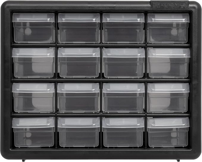 Akro-Mils 16-Drawer Plastic Drawer Storage Cabinet for Garage Organization, Beads, Makeup Organizer, Building Bricks Storage, Teacher Toolbox, 10-1/2" W x 6-1/2" D x 8-1/2" H, 10716 Black