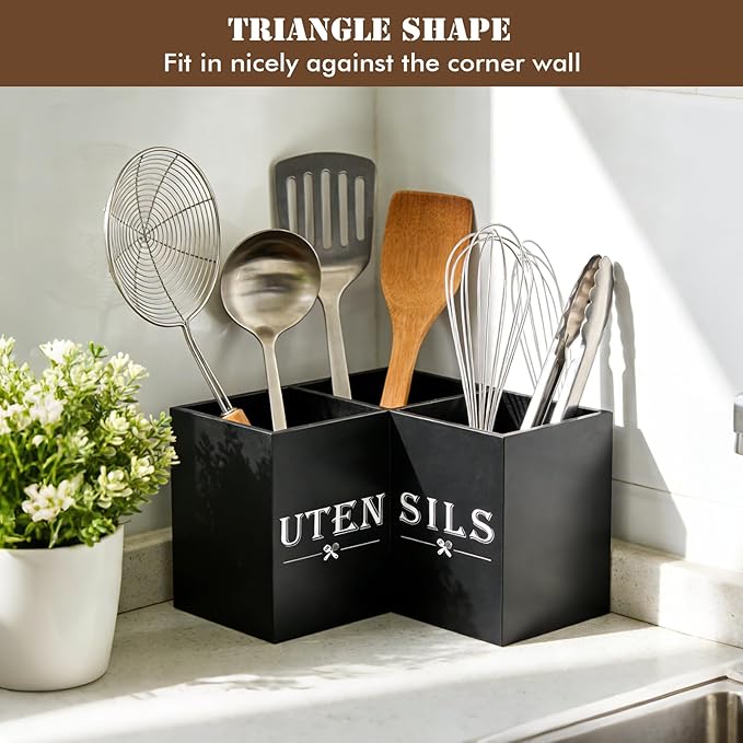 Large kitchen Utensil Holder, Wooden Utensil Organizer for Kitchen Countertop, Spatula and Spoon Cooking Holder with 3 Compartments, Black