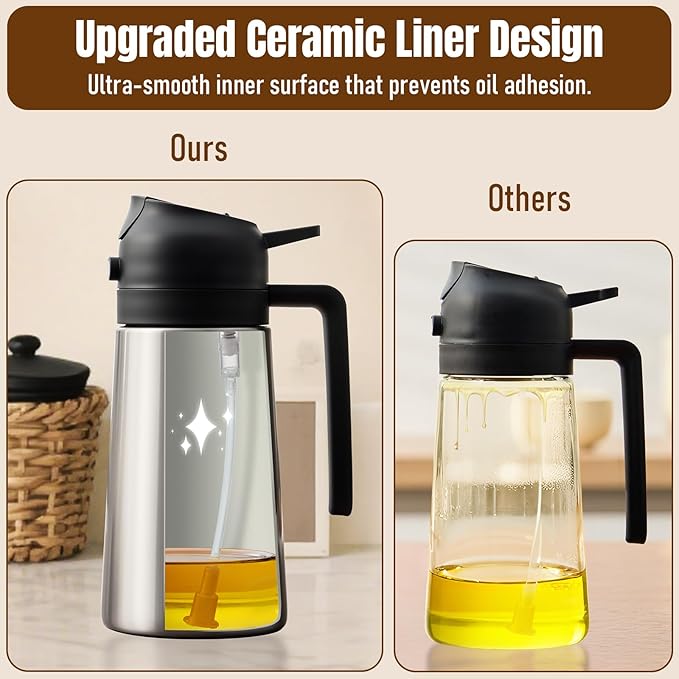 PARACITY Oil Dispenser Bottle with Stainless Steel Shell & Ceramic Sprayed Interior, 2 in 1 Olive Oil Sprayer and Dispenser, Oil Spray Bottle for Cooking, Kitchen, BBQ, Air Fryer, Salad, Baking(Black)