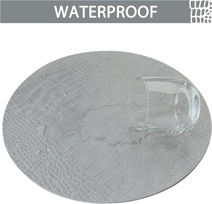 Round Leather Placemats for Round Tables Set of 8, Gray Table Place Mats and Coasters, Washable Easy to Care for Indoor Decor 13" Diameter