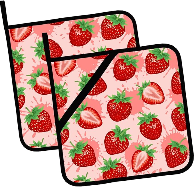 Cute Pink Cartoon Strawberry Pot Holders 2 PCS,Kitchen Heat Resistant Hot Pads for Cooking Grilling Baking BBQ, Pot Holders for Women Cook Home Microwave