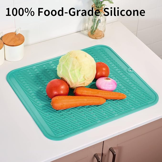 ZLR Large Silicone Dish Drying Mat (16" x 18") - XL Heavy Duty Drainboard Mat for Pots, Pans & Family Loads - Heat Resistant Trivet & Counter Protector, Easy Clean (Mint Green)
