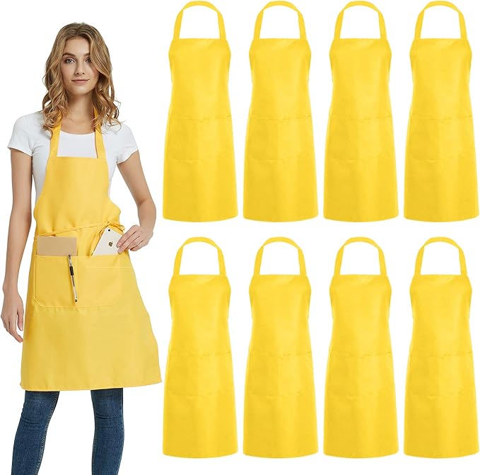 DUSKCOVE 8 Pack Bib Aprons Bulk - Unisex Yellow Commercial Apron with 2 Pockets for Kitchen Crafting BBQ Drawing Cooking