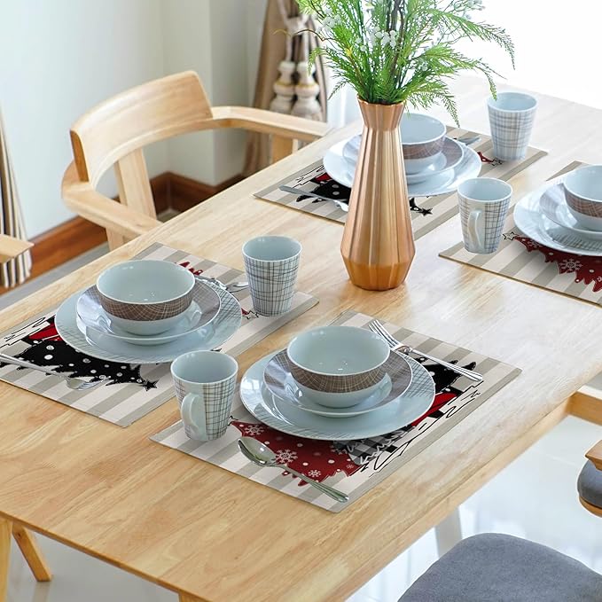 Xmas Tree Placemats Set of 4 Red Black Buffalo Plaid Pine Tree Non-Slip Washable Place Mats Stripe Decoration Table Mats 12 x 18 Inch for Winter Tabletop Holiday Party