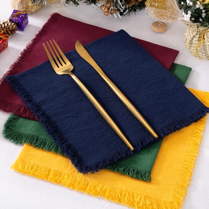DeZerlor 12 Pack Chriatmas Color Cotton Linen Napkins with Fringe Christmas Winter Napkins Cloth Set of 12 Boho Handmade Dinner Napkins Bulk for Wedding Xmas Dining Table, 17 x 17 Inches
