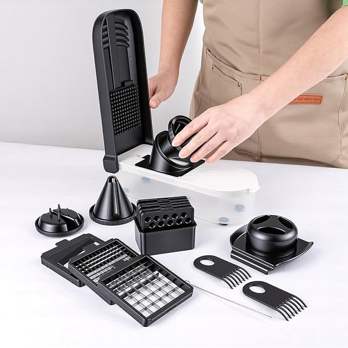 LHS Vegetable Chopper Multifunctional Food Chopper Onion Chopper Vegetable Slicer Dicer Cutter Potato Cutter Veggie Chopper with Container with Spiralizer (12 in 1, Black)