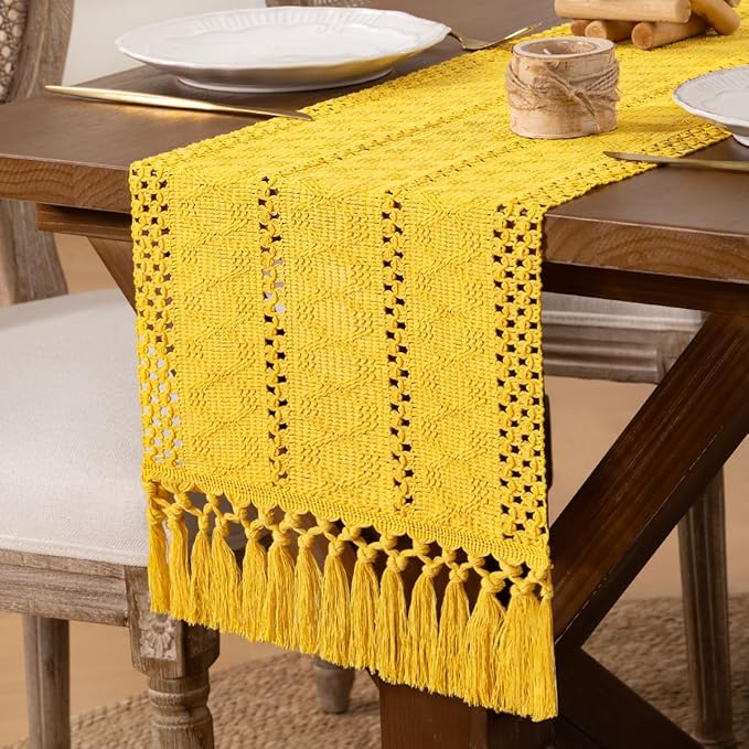 DeZerlor Boho Macrame Table Runner Spring Easter Farmhouse Woven Table Runner with Tassels 108 Inches Gold Yellow Cotton Linen Kitchen Table Decor for Dining Dresser Home Tea Table Decor