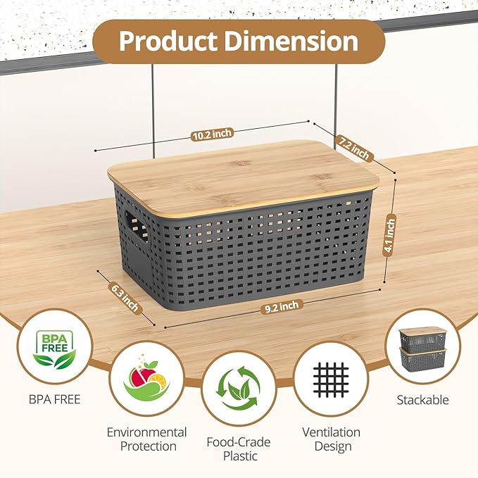 Plastic Storage Baskets with Bamboo Lids, Stackable Small Box Bins for Organizing and Containers for Shelves Drawers Desktop Closet Pantry Classroom Office Home, 6 Pack 10.2x7.2x4.1 Inch, Gray