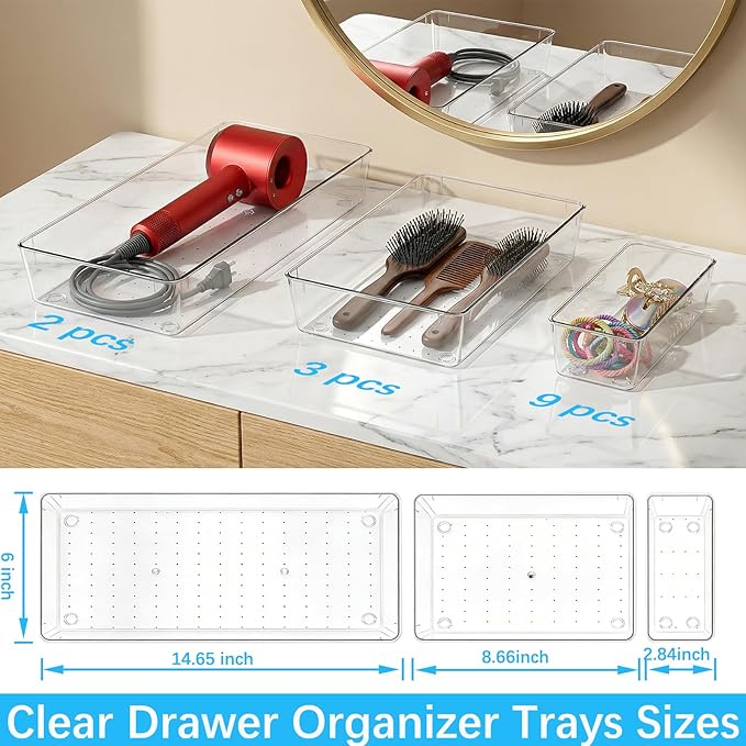 14 Pcs Clear Plastic Drawer Organizer Tray with 2 Pcs 15"x6" Extra Large Trays, Multi-Purpose Storage Bins for Vanity, Makeup, Kitchen Utensils, Bathroom, Office Desk, Auto Tools & Craft Supplies