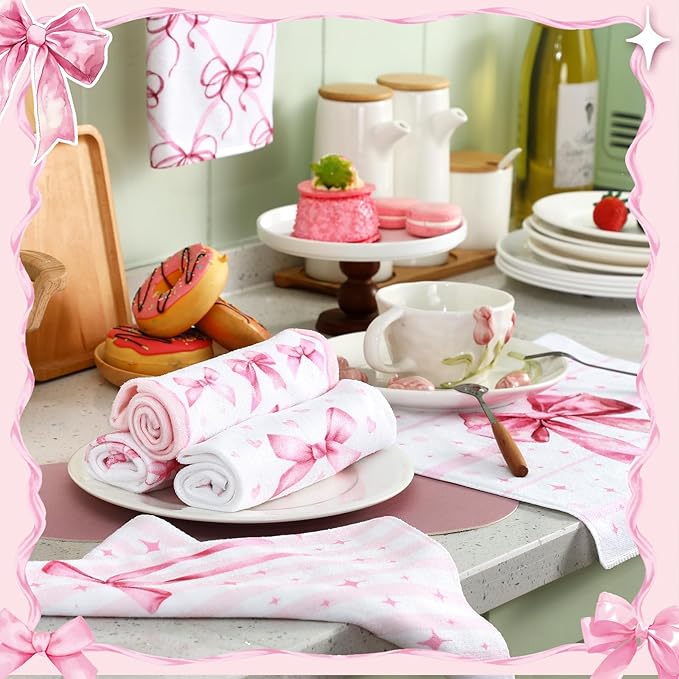 Breling Set of 6 Pink Bow Towels Vintage Pink Dish Towel Bathroom Decorative Rustic Cloths Tea Towels for Kitchen Bathroom Home Cooking Housewarming Valentines Gifts, 14 x 21 Inch