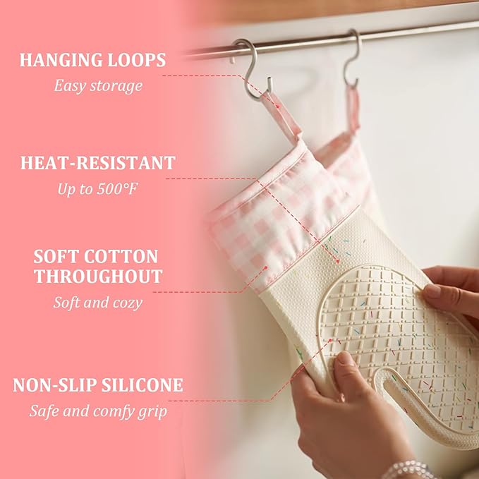 Wanheart Silicone Oven Mitts Heat Resistant, Non Slip Baking Mittens with Cotton Lining, Cute Confetti Pink Kitchen Decor for Cooking, 2-Pack