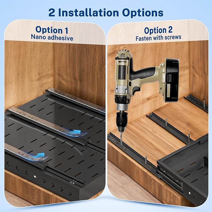 Insputer 1 Pack Pull Out Cabinet Organizer Expandable (12.4"-20.08")W & (16.26"-22.44")D, No Drill Slide Out Drawers with 3 Slide Rail, 2Pcs Magnetic Panel, Adhesive Roll Out Shelf for Kitchen, Pantry