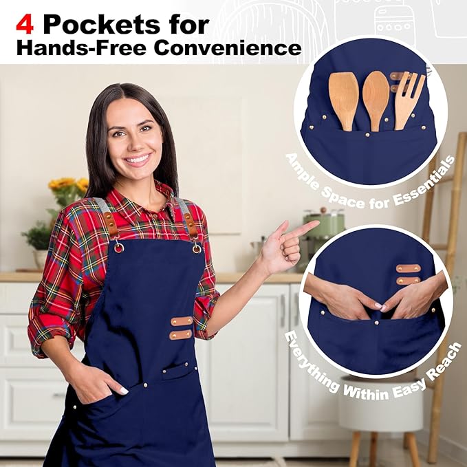 BeLuyi chef apron bib tool apron for man woman cross back straps with 4 pockets for kitchen cooking gardening baking working