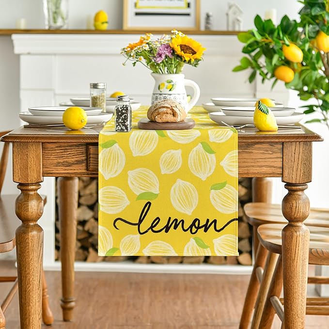Artoid Mode Yellow Leaves Lemon 210 GSM Summer Table Runner, Seasonal Kitchen Dining Table Decoration for Home Party Decor 13x108 Inch