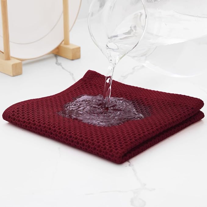 Kitinjoy 100% Cotton Kitchen Dish Cloths (12 X 12 Inches, Burgundy), 6 Pack Waffle Weave Ultra Soft Absorbent Dish Towels for Drying Dishes Quick Drying Kitchen Towels Dish Rags
