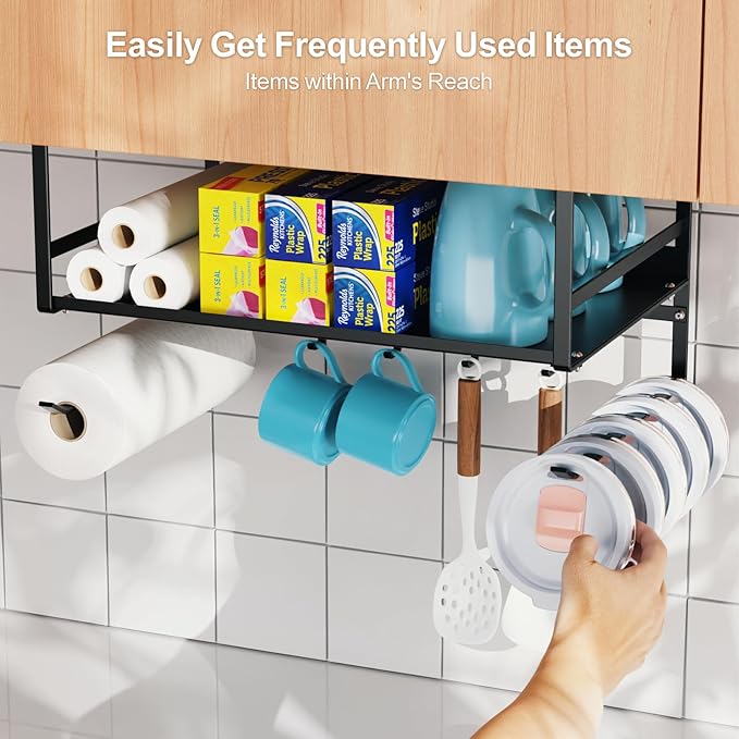 iSPECLE Under Shelf Basket- Multi-Purpose Under Shelf Storage Mug Hooks, Add Extra Storage Space Under Cabinet with Paper Towel Holder and Coffee Cup Hooks, Easy to Get Items, Black