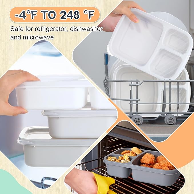 Honeydak 5 Pack Snack Containers 3 Compartment Bento Snack Boxes Divided Meal Prep Containers with Lids Reusable Adults Lunch Food Storage Box for School Work Travel(Black White)