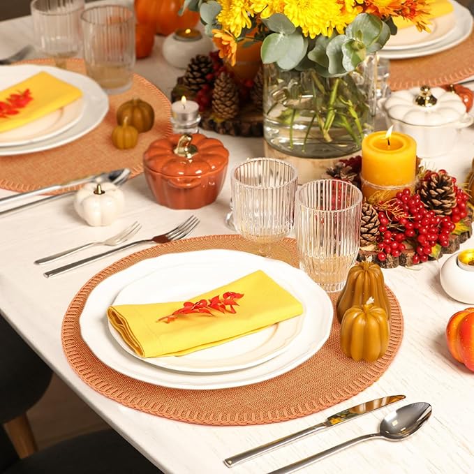 Round Placemats Set of 6, 15 Inch Linen Fabric Table Placemats, Heat Resistant, Wrinkle Free Washable Placemats Kitchen Place Mats Set of 6 for Dining Table Party Table (Orange, 6)
