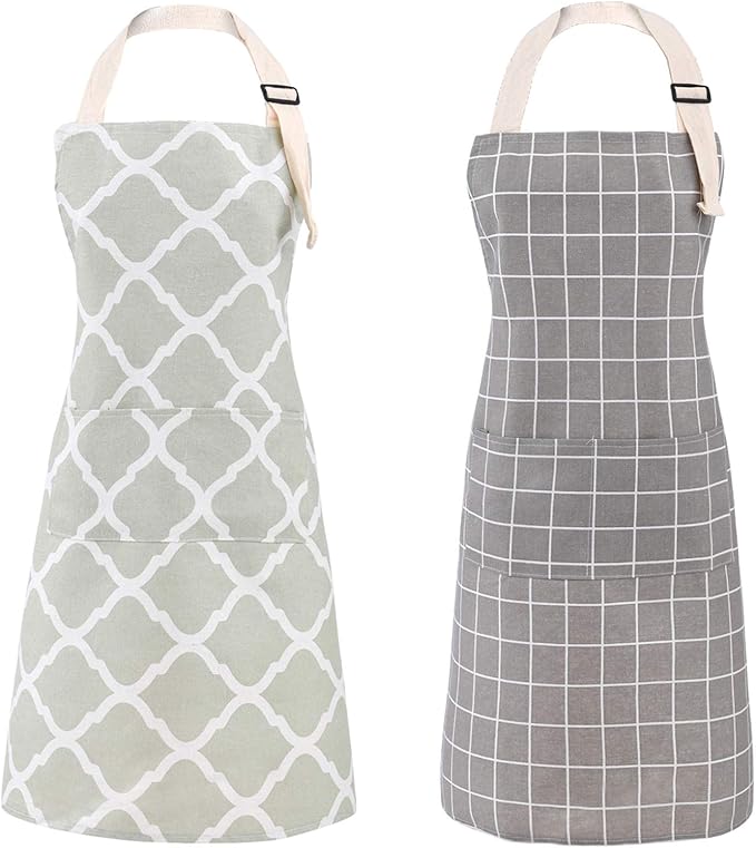 Tosewever 2 Pack Cotton Adjustable Bib Apron for Women, Cooking Kitchen Aprons with Pockets BBQ Drawing, Mom Woman Men Chef (Cotton - Grey/Green, 2)